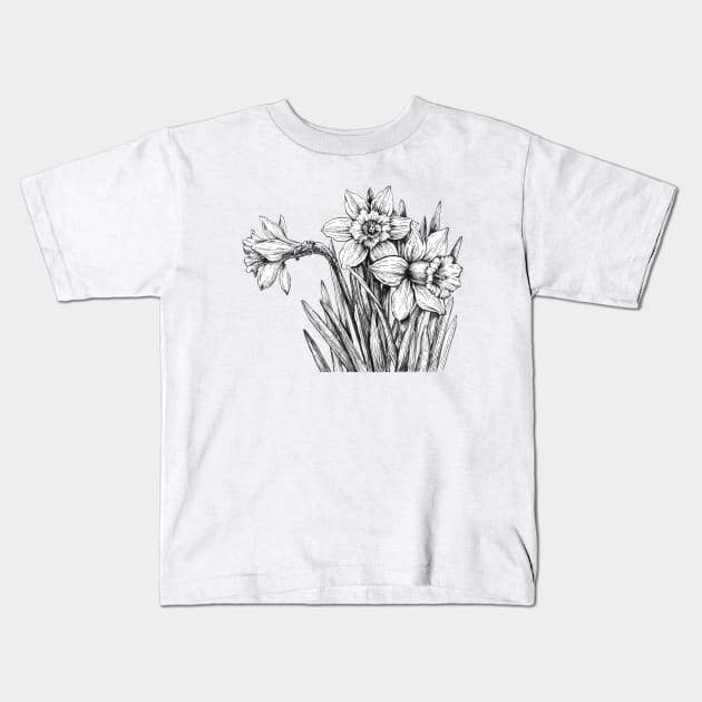 Daffodils ink drawing Kids T-Shirt by katerinamk